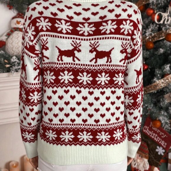 Red And White Casual Women's Christmas Elk & Heart Pattern Drop Shoulder Sweater - Picture 2 of 6